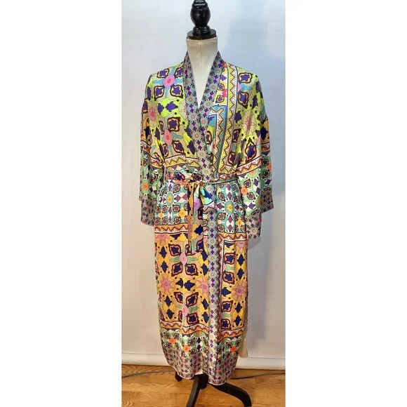 Zara Womens Size S Satin Colorful Long Kimono Robe Boho Festival - Picture 2 of 10